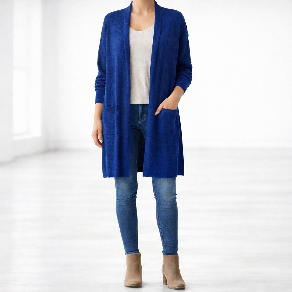 Royal Blue Long Open Front Cardigan Sweater Womens M Duster Pockets